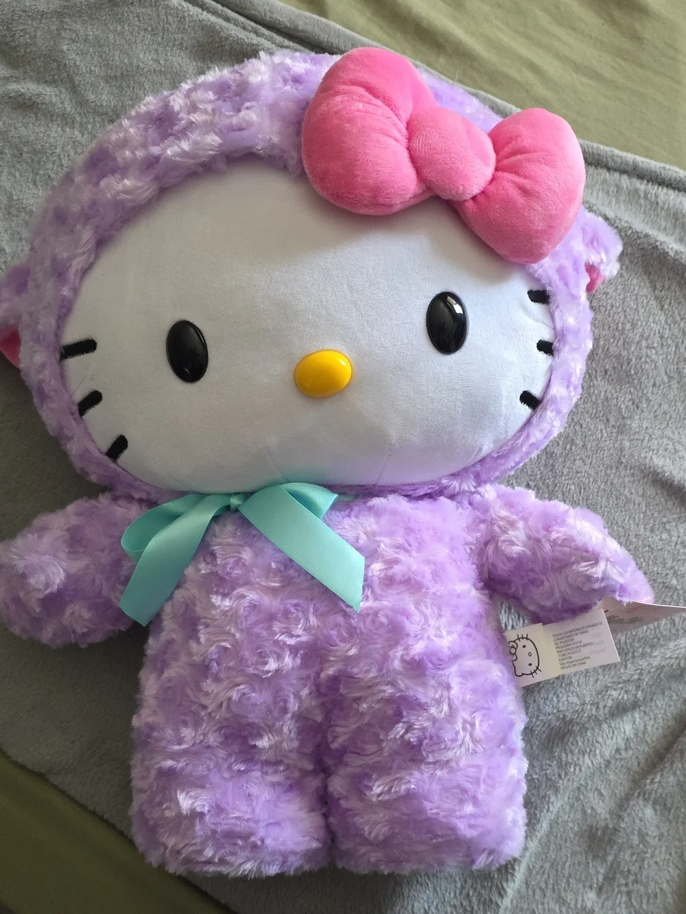 Hello Kitty Plush in Lavender with Pink Bow and Teal Ribbon